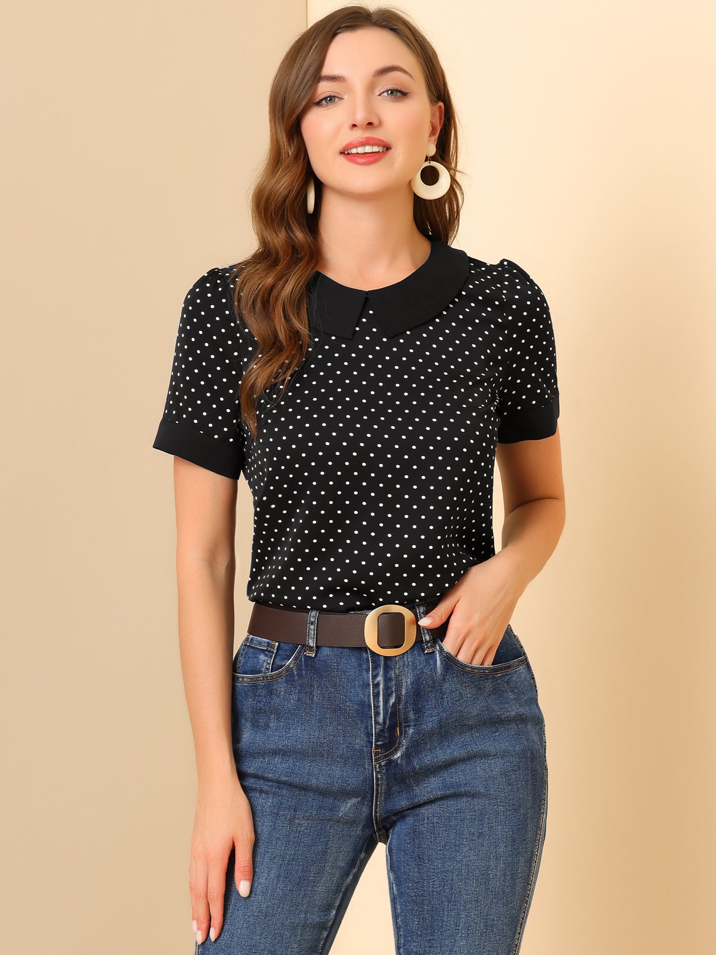 [PACK SALES] Women's 2 Pieces Contrast Peter Pan Collar Polka Dots Short Sleeve Top