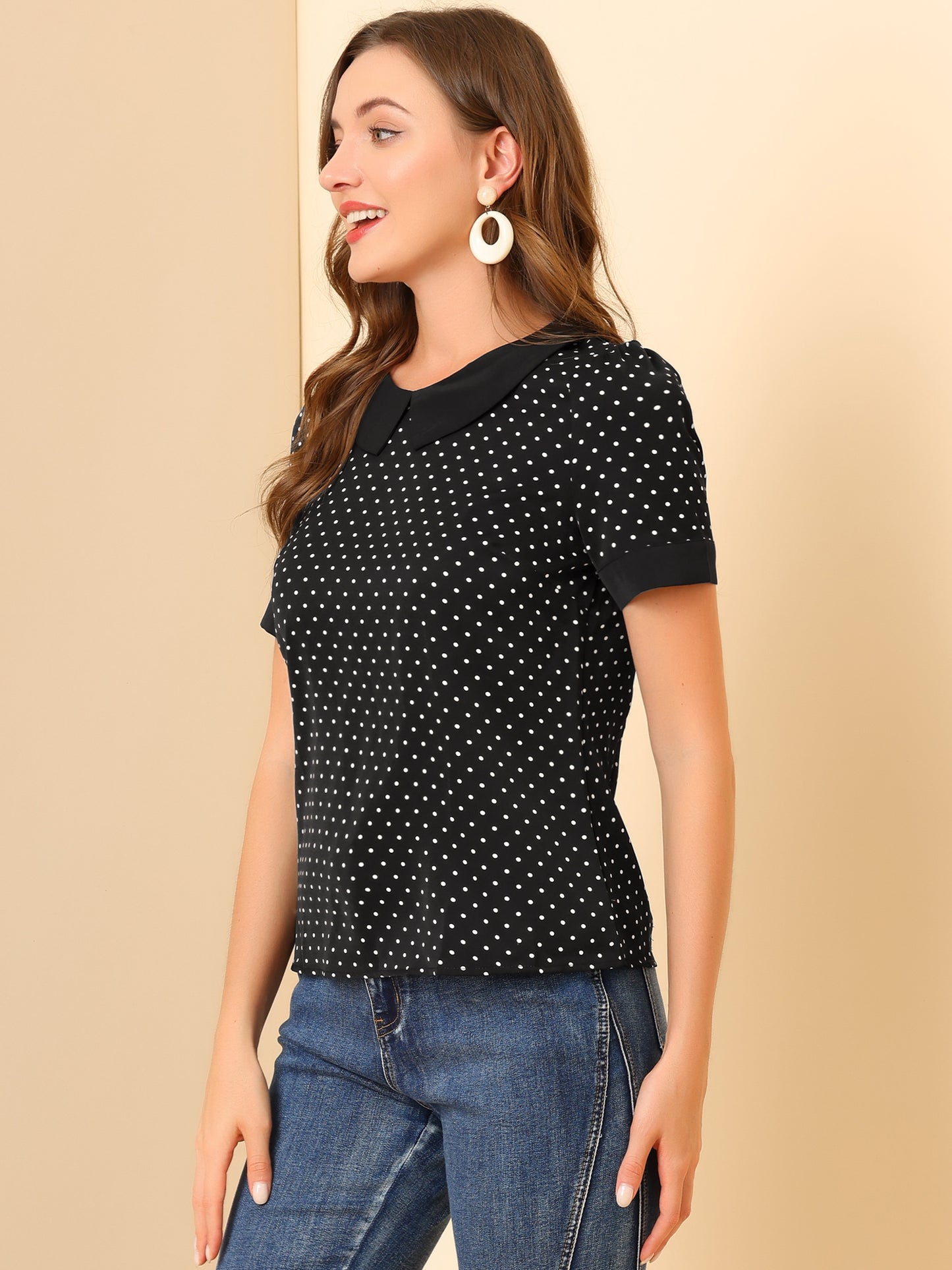 [PACK SALES] Women's 2 Pieces Contrast Peter Pan Collar Polka Dots Short Sleeve Top