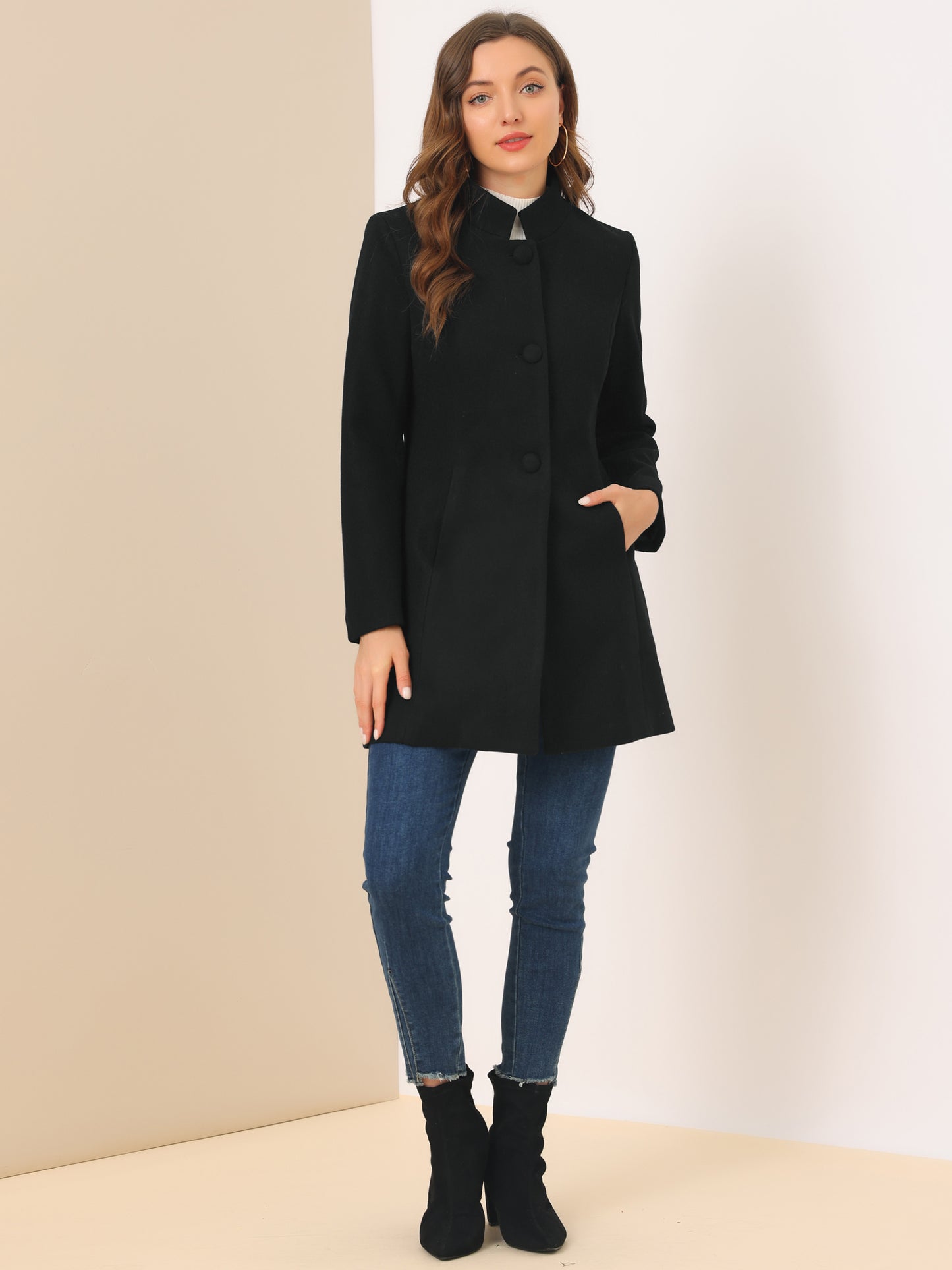 Women's Winter Overcoat Mid-Long Stand Collar Single Breasted Coat Outerwear, Deep Colors