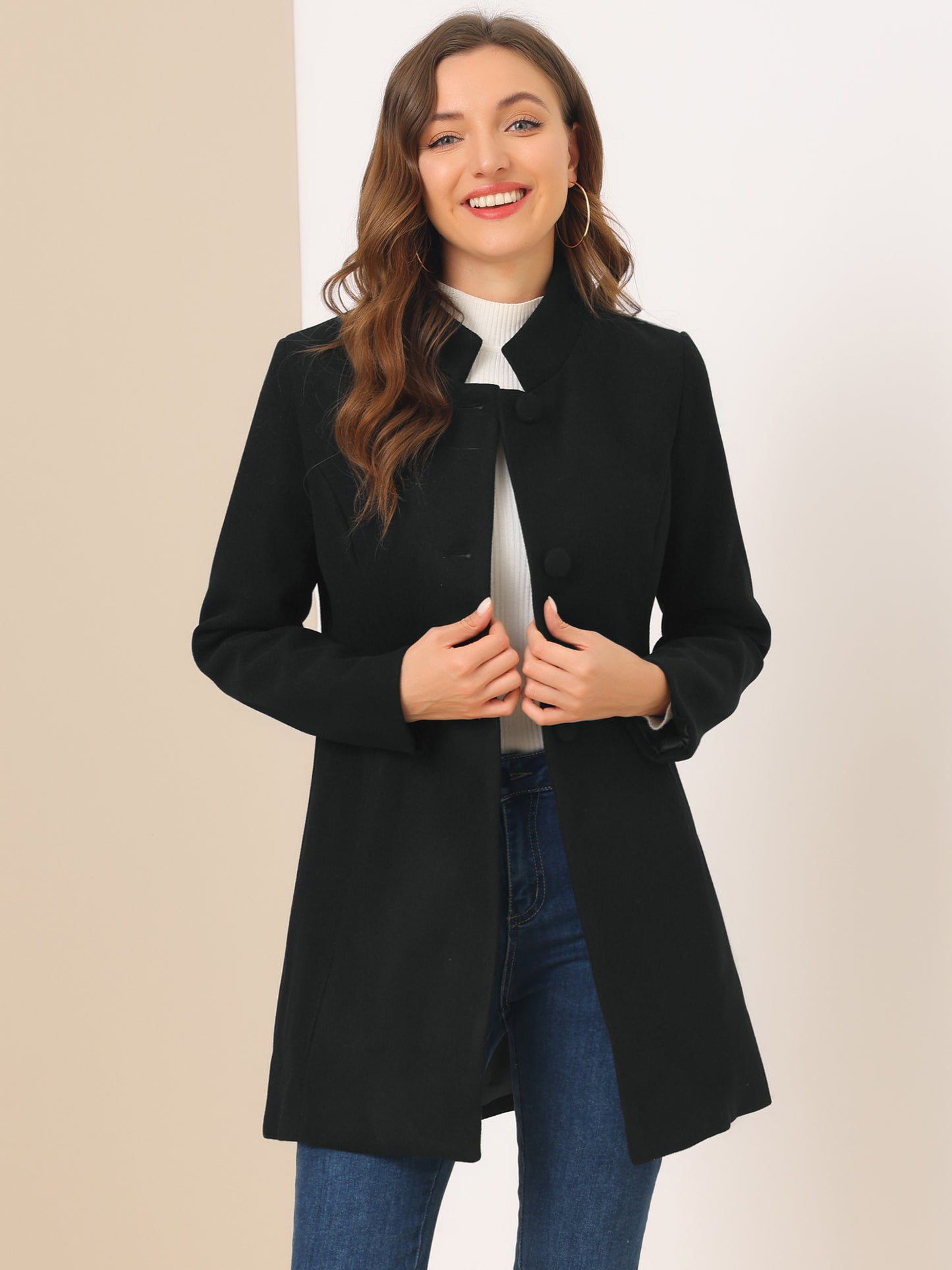 Women's Winter Overcoat Mid-Long Stand Collar Single Breasted Coat Outerwear, Deep Colors