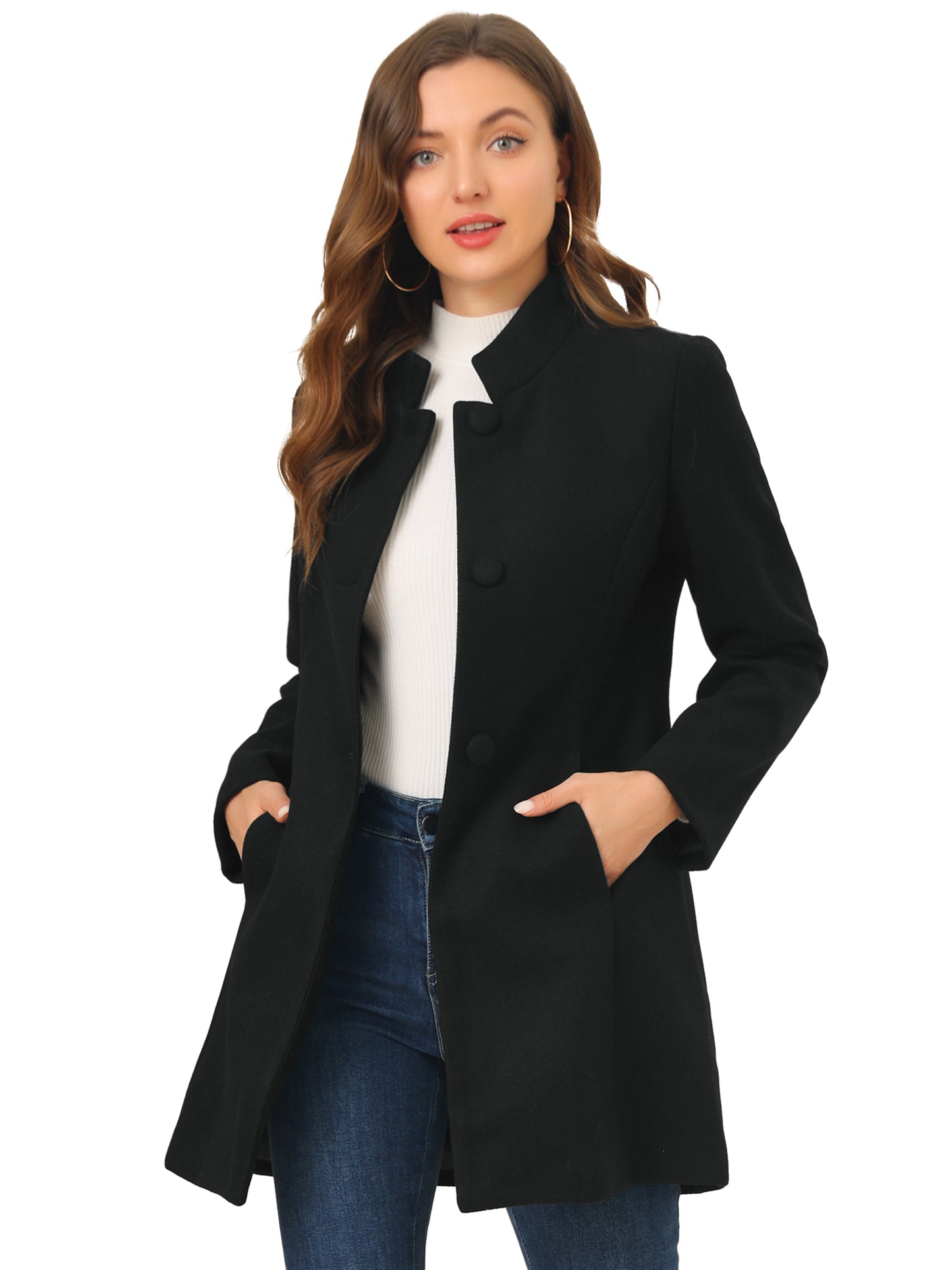 Women's Winter Overcoat Mid-Long Stand Collar Single Breasted Coat Outerwear, Deep Colors