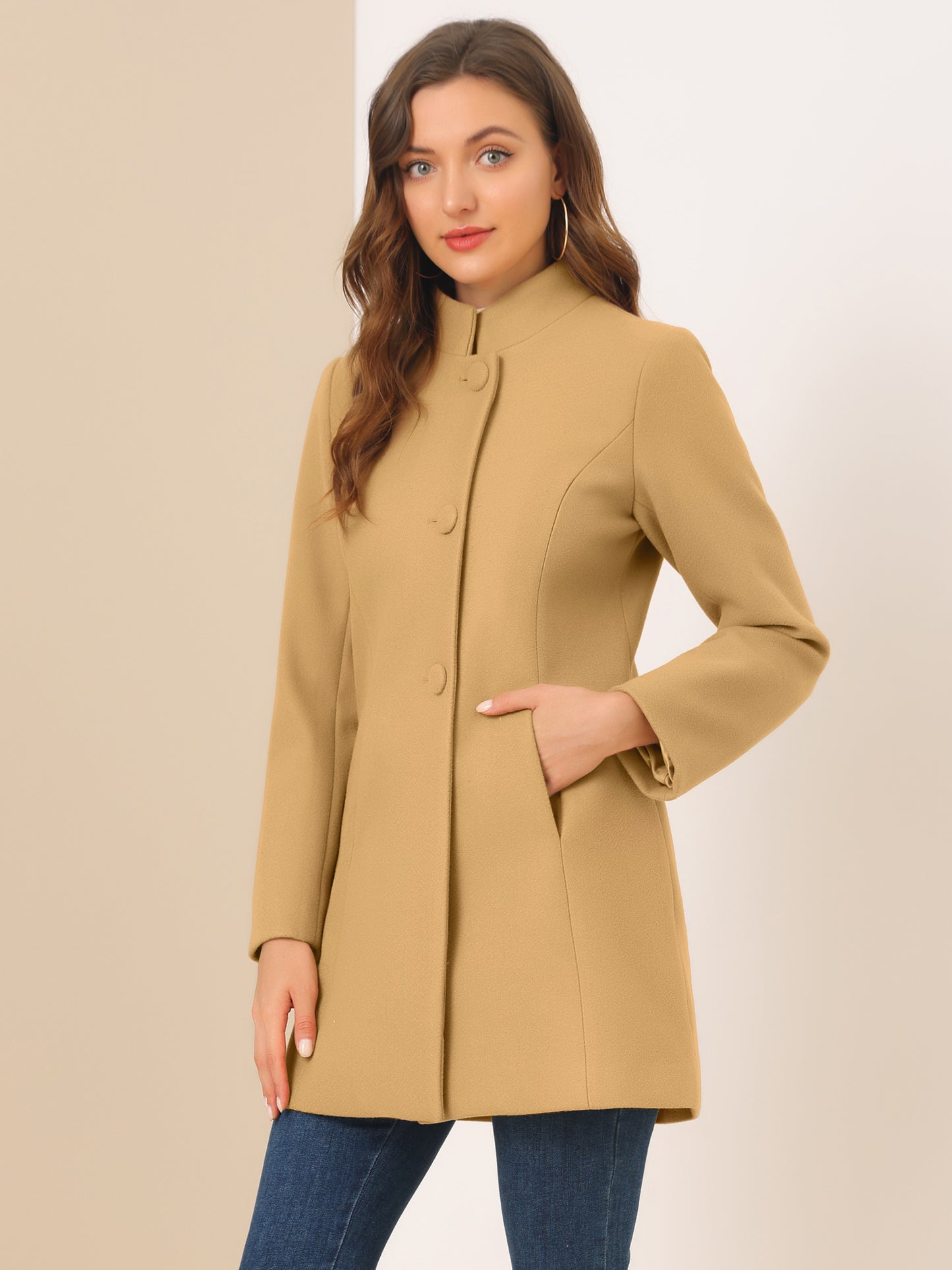 Women's Winter Overcoat Mid-Long Stand Collar Single Breasted Coat Outerwear, Light Colors