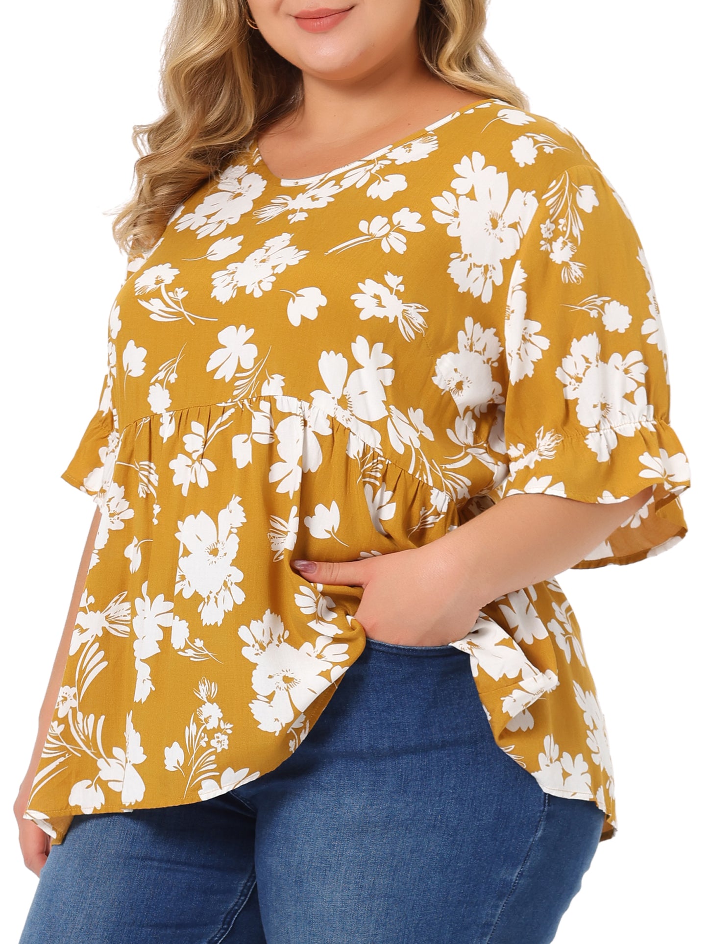 Women's Plus Size Top V Neck Floral Print Ruffle Short Sleeve Tiered Babydoll Blouse