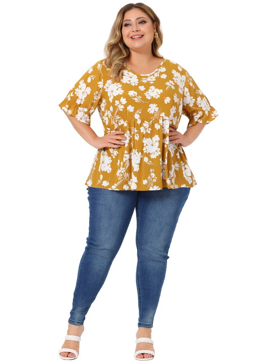 Women's Plus Size Top V Neck Floral Print Ruffle Short Sleeve Tiered Babydoll Blouse