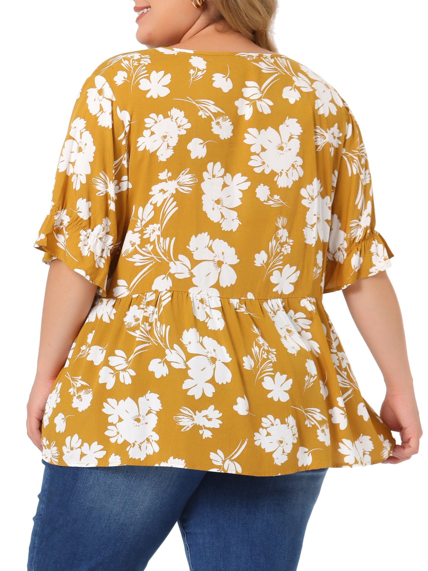 Women's Plus Size Top V Neck Floral Print Ruffle Short Sleeve Tiered Babydoll Blouse