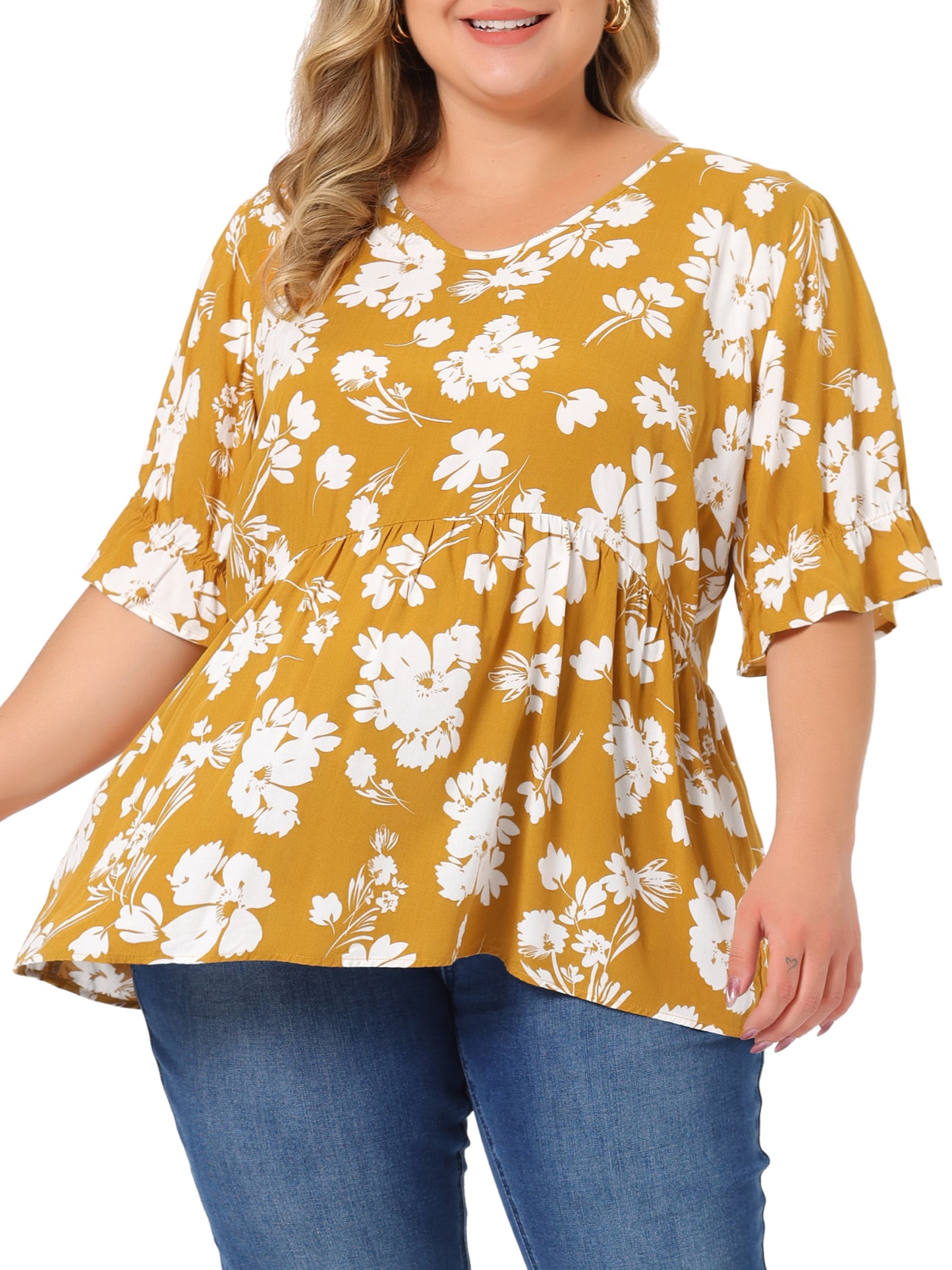 Women's Plus Size Top V Neck Floral Print Ruffle Short Sleeve Tiered Babydoll Blouse