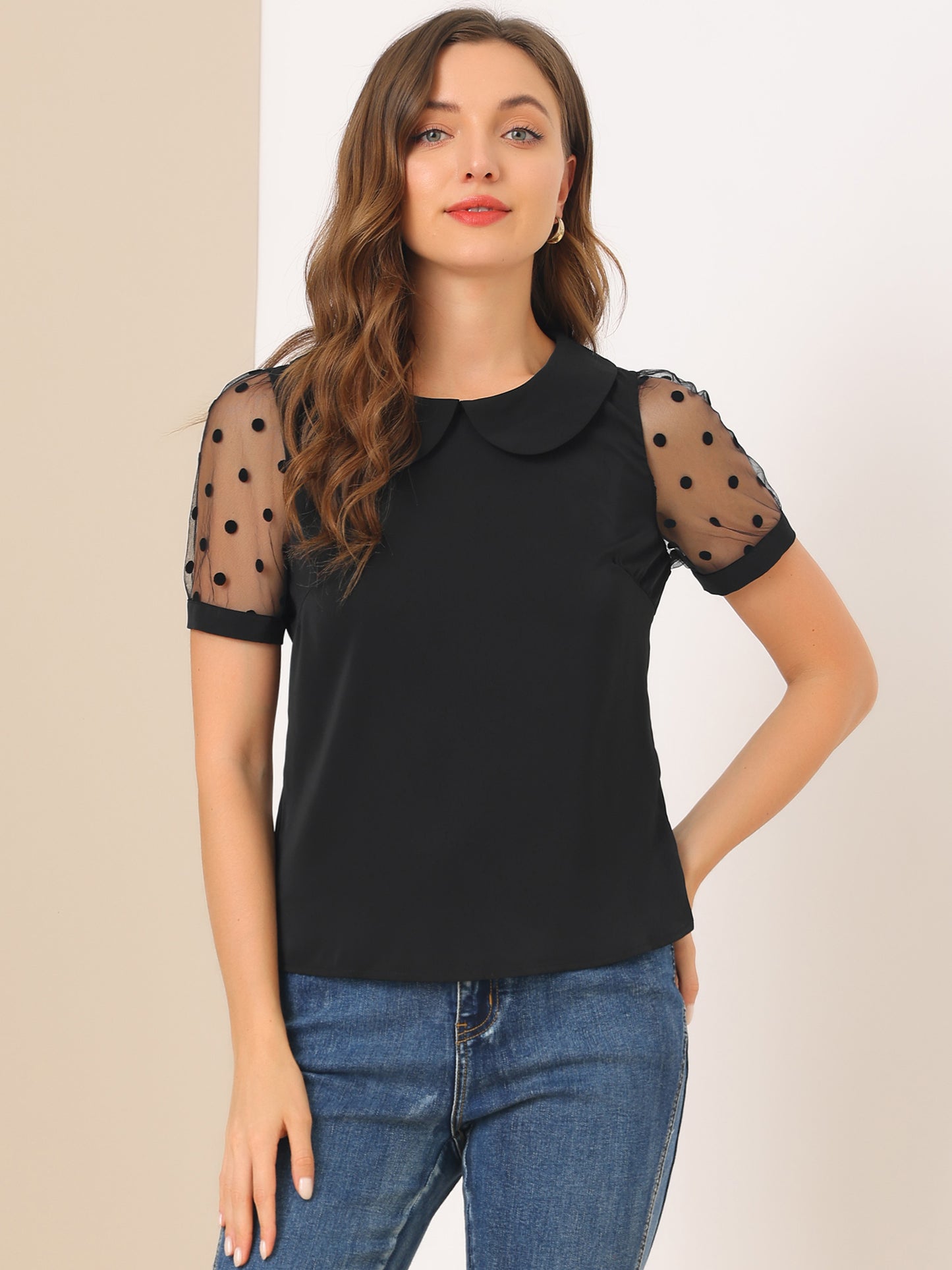 [PACK SALES] Women's 2 Pieces Polka Dots Peter Pan Collar Mesh Puff Short Sleeve Blouse