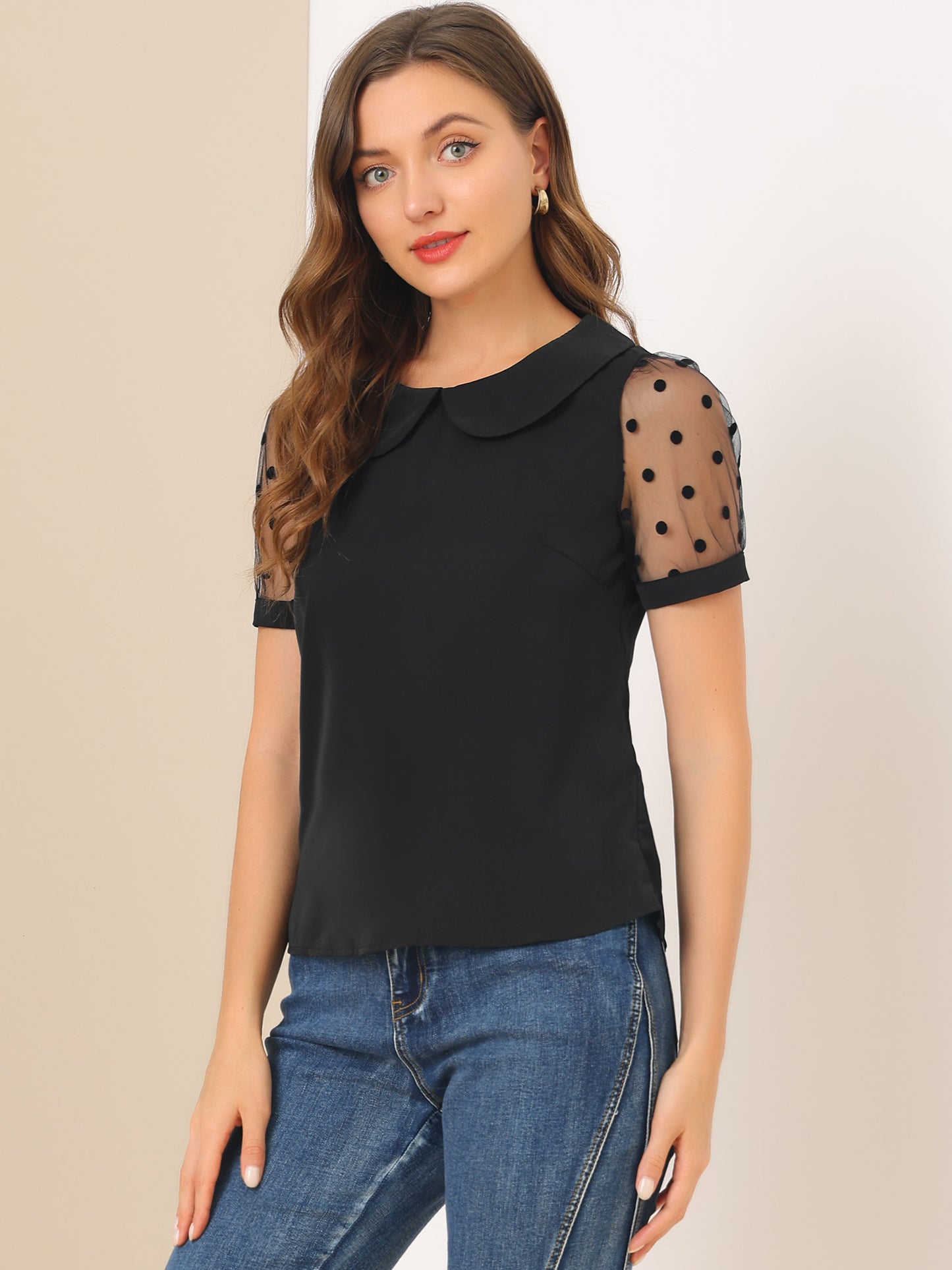 [PACK SALES] Women's 2 Pieces Polka Dots Peter Pan Collar Mesh Puff Short Sleeve Blouse