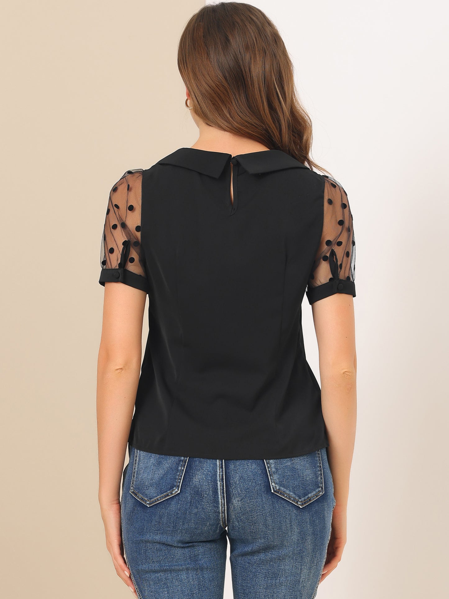 [PACK SALES] Women's 2 Pieces Polka Dots Peter Pan Collar Mesh Puff Short Sleeve Blouse