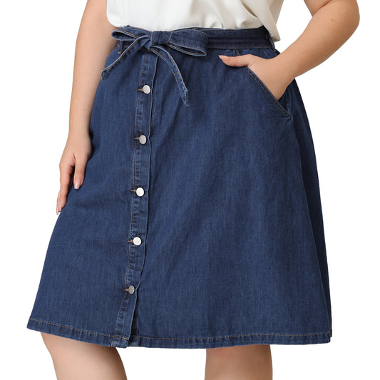 Women's Plus Size Denim Skirts Tie Waist A-Line with Pockets Midi Summer Jeans Skirt