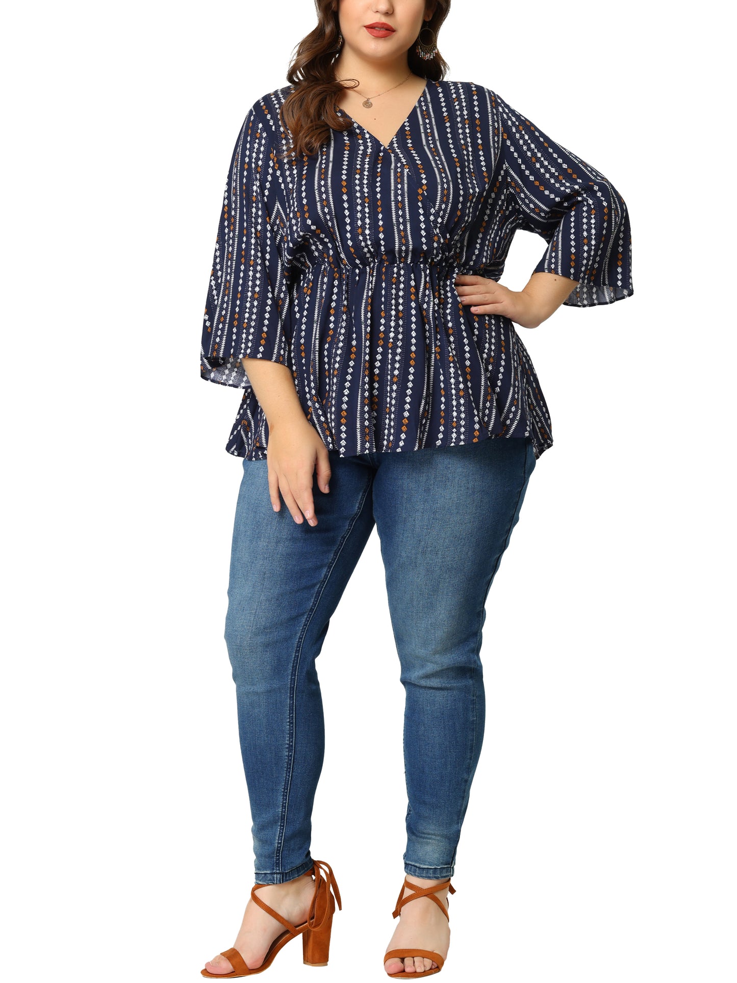 Women Plus Size Top Boho Work V Neck Striped Peplum Blouse