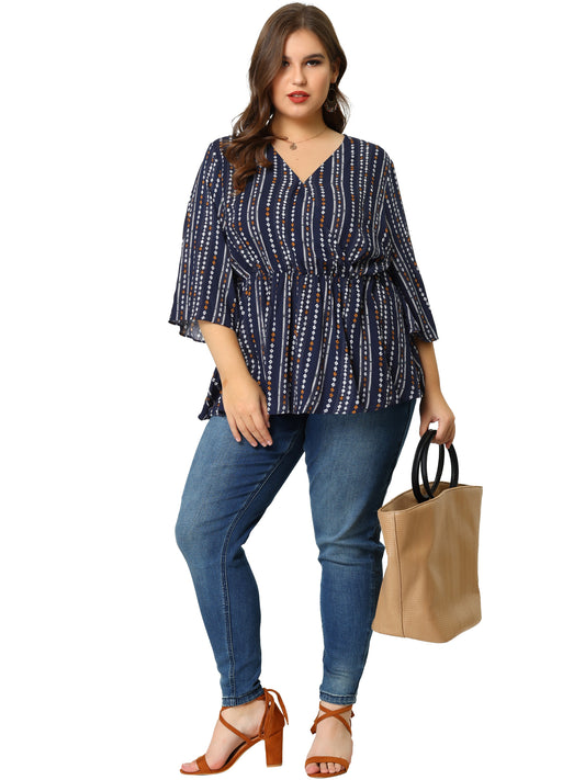 Women Plus Size Top Boho Work V Neck Striped Peplum Blouse