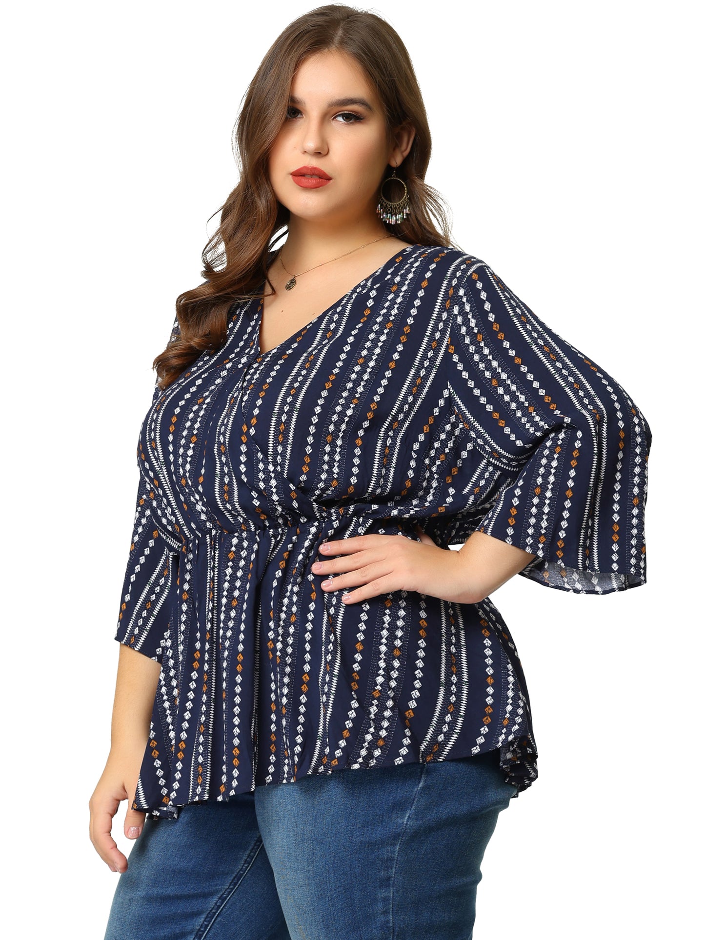 Women Plus Size Top Boho Work V Neck Striped Peplum Blouse