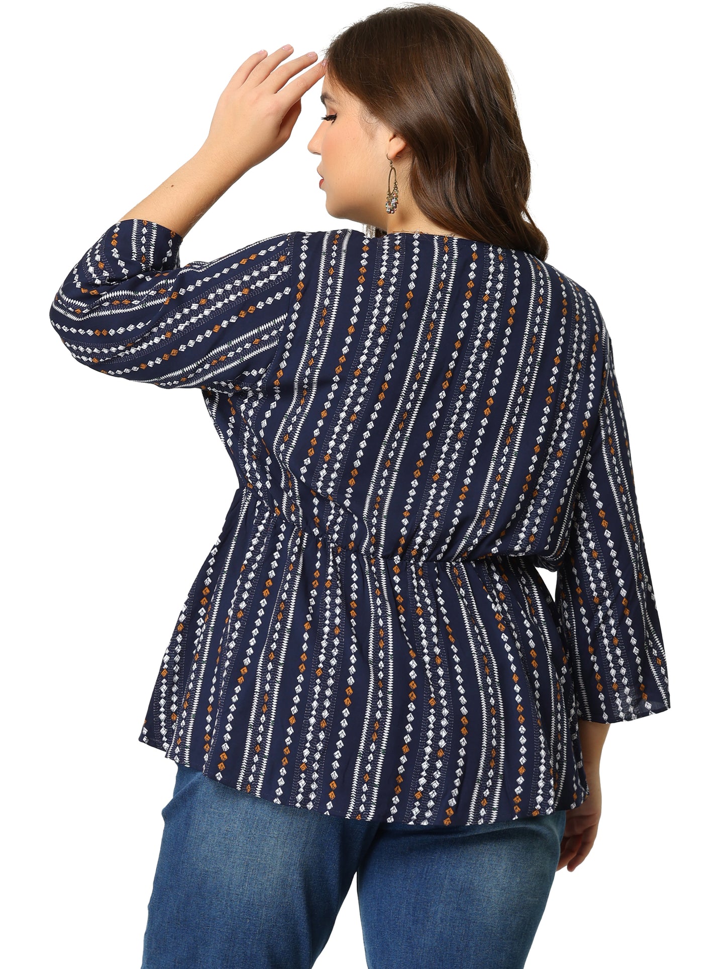 Women Plus Size Top Boho Work V Neck Striped Peplum Blouse