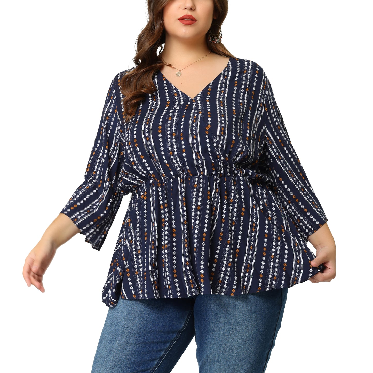 Women Plus Size Top Boho Work V Neck Striped Peplum Blouse