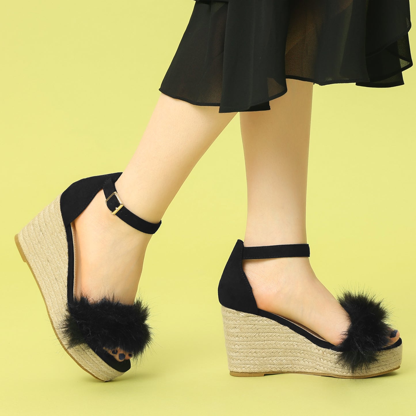 Women's Espadrille Platform Heels Faux Fur Wedge Sandals