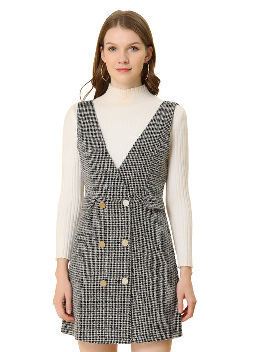Vestido estilo pichi de tweed a cuadros con cuello en V y botones delanteros estilo retro para mujer