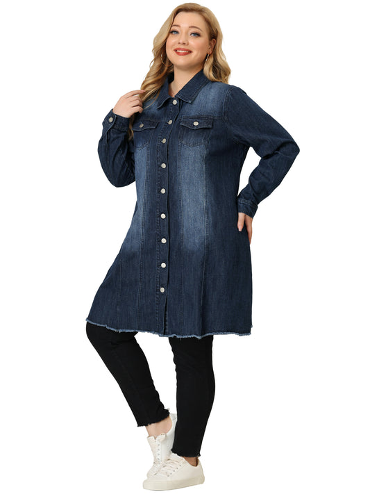 Chaqueta vaquera de talla grande para mujer, informal, larga, desgastada, con botones y bolsillos.