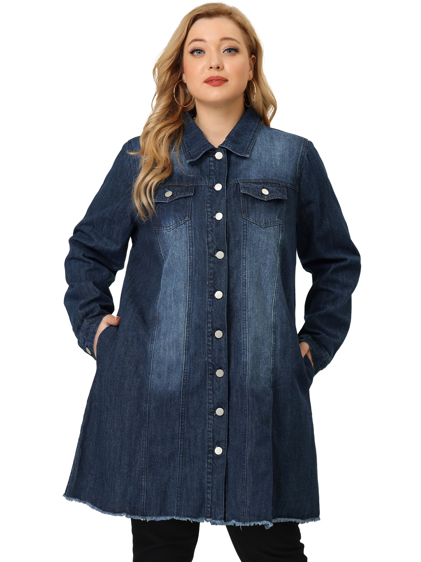 Chaqueta vaquera de talla grande para mujer, informal, larga, desgastada, con botones y bolsillos.
