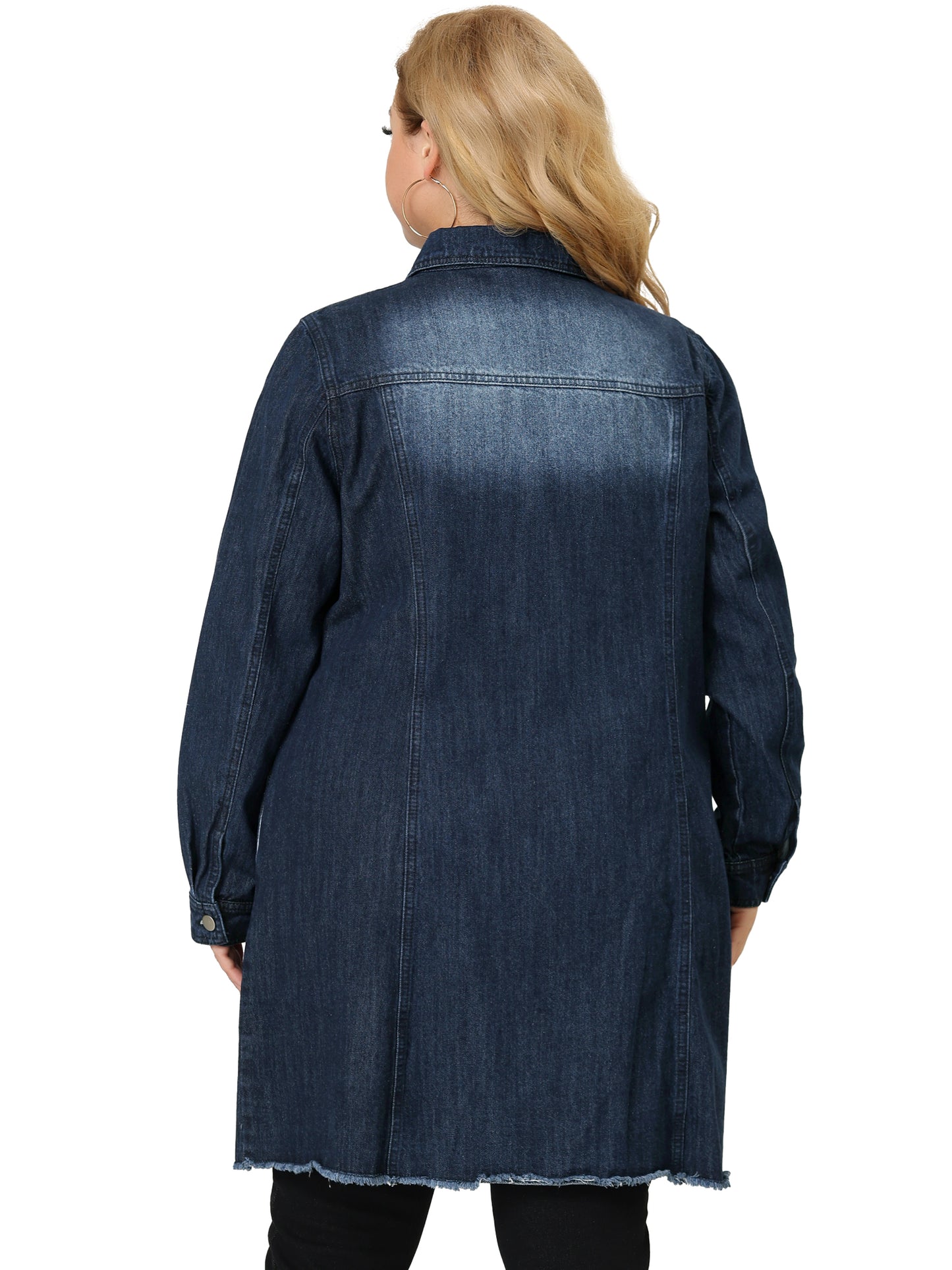 Chaqueta vaquera de talla grande para mujer, informal, larga, desgastada, con botones y bolsillos.