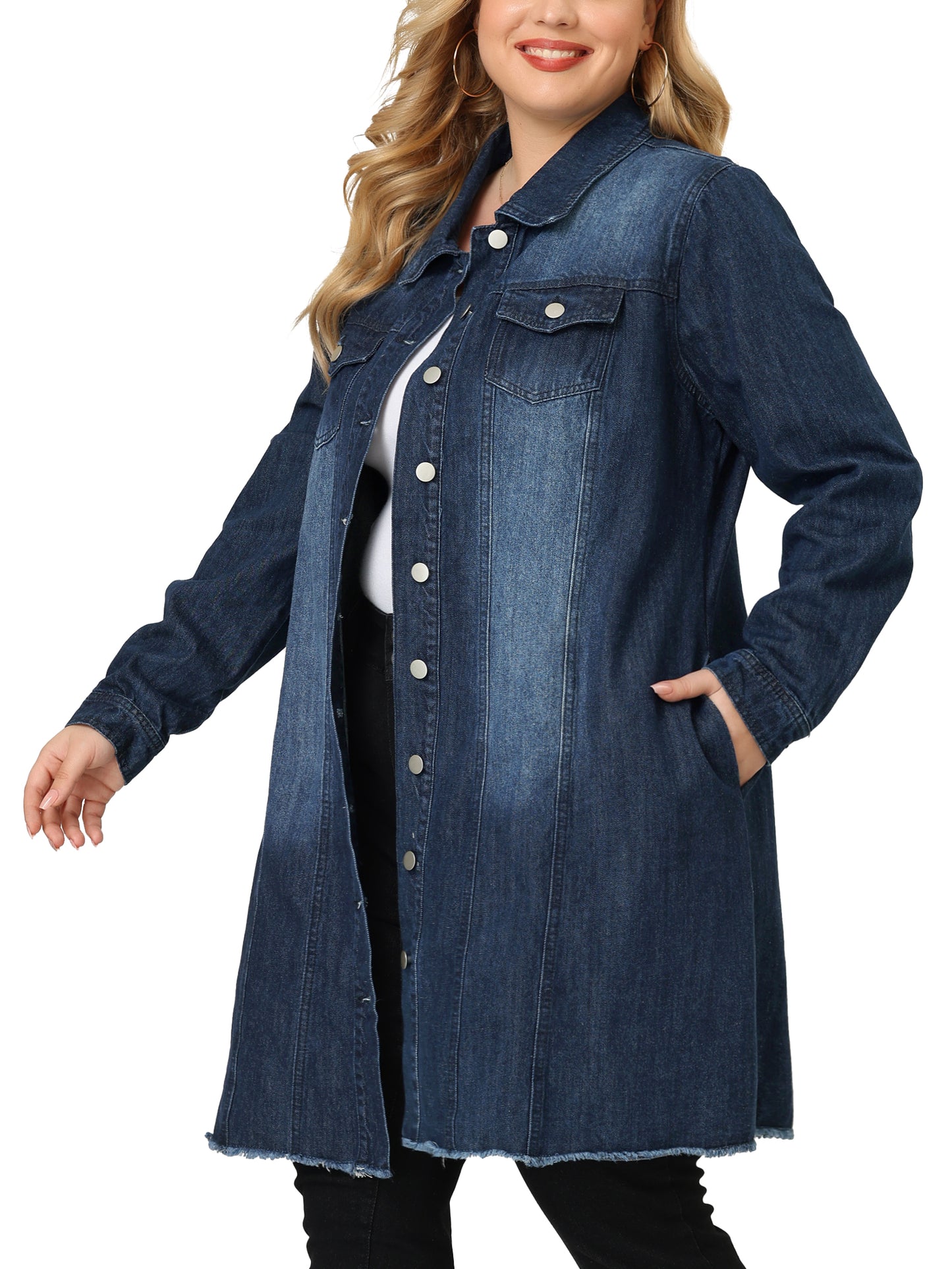 Chaqueta vaquera de talla grande para mujer, informal, larga, desgastada, con botones y bolsillos.