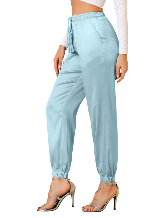 Women's Drawstring Elastic Waist Athleisure Pants Casual Ankle Length Satin Joggers with Pocket