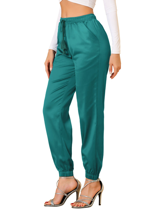 Women's Drawstring Elastic Waist Athleisure Pants Casual Ankle Length Satin Joggers with Pocket