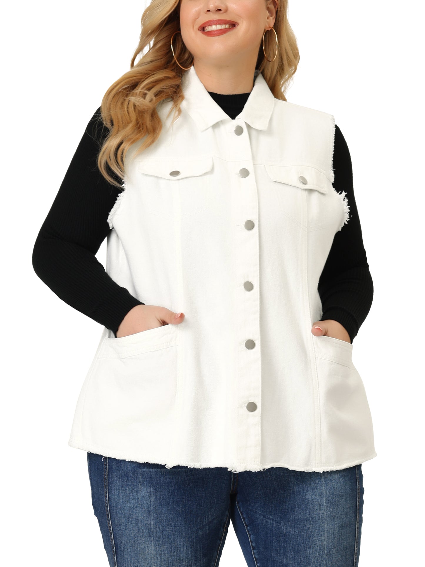 Chaqueta vaquera de talla grande para mujer, con botones, solapa delantera, deshilachada, lavada, sin mangas, chaleco vaquero largo