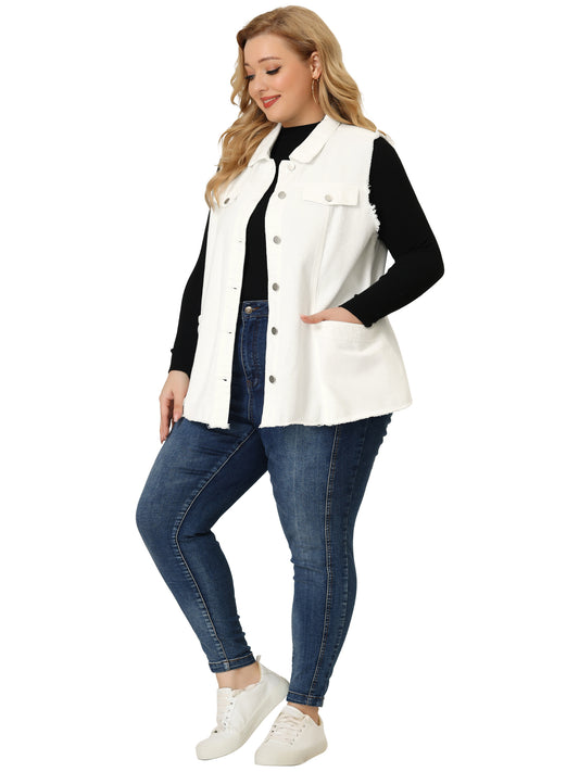Chaqueta vaquera de talla grande para mujer, con botones, solapa delantera, deshilachada, lavada, sin mangas, chaleco vaquero largo