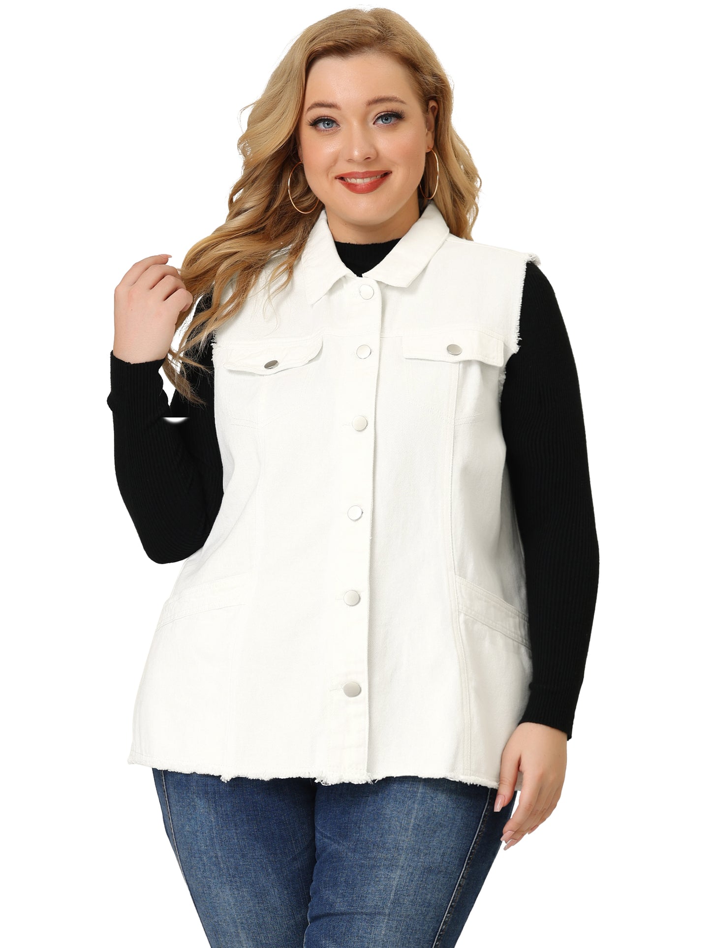 Chaqueta vaquera de talla grande para mujer, con botones, solapa delantera, deshilachada, lavada, sin mangas, chaleco vaquero largo