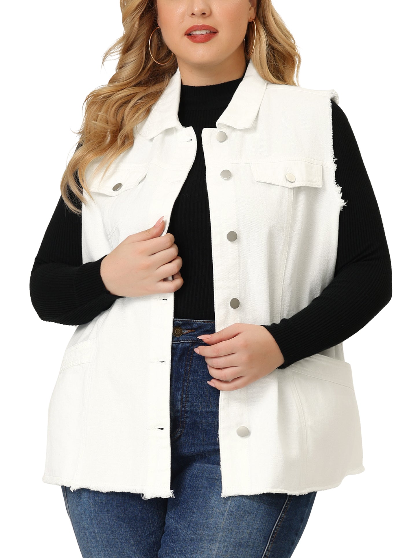 Chaqueta vaquera de talla grande para mujer, con botones, solapa delantera, deshilachada, lavada, sin mangas, chaleco vaquero largo