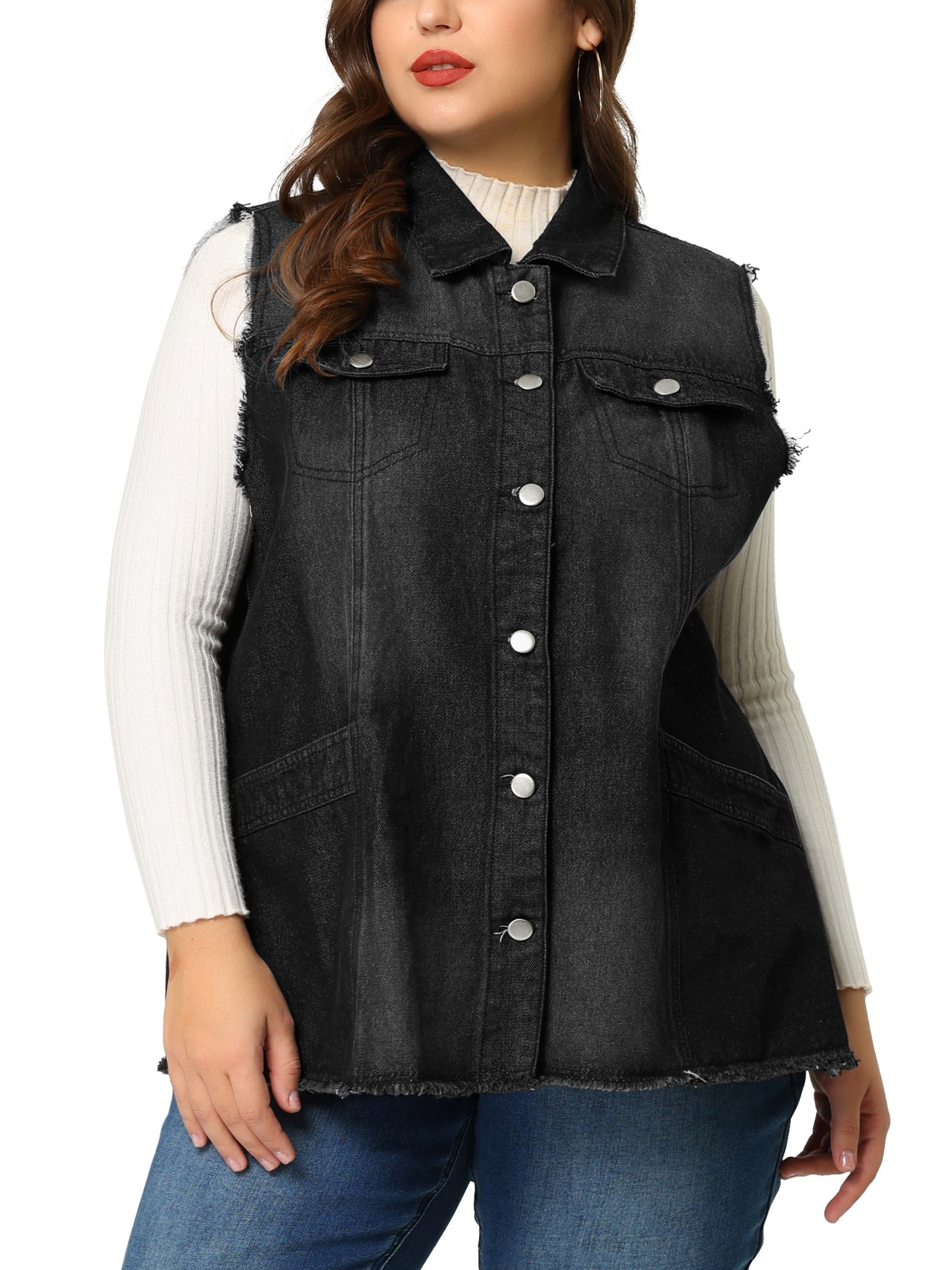 Chaqueta vaquera de talla grande para mujer, con botones, solapa delantera, deshilachada, lavada, sin mangas, chaleco vaquero largo