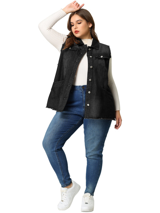 Chaqueta vaquera de talla grande para mujer, con botones, solapa delantera, deshilachada, lavada, sin mangas, chaleco vaquero largo