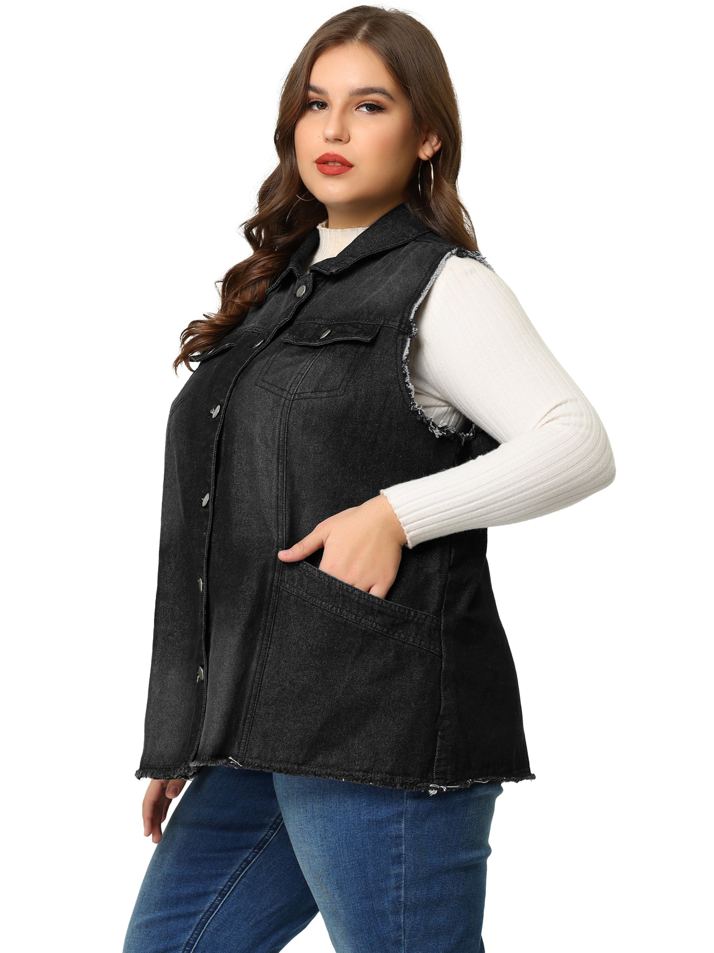 Chaqueta vaquera de talla grande para mujer, con botones, solapa delantera, deshilachada, lavada, sin mangas, chaleco vaquero largo