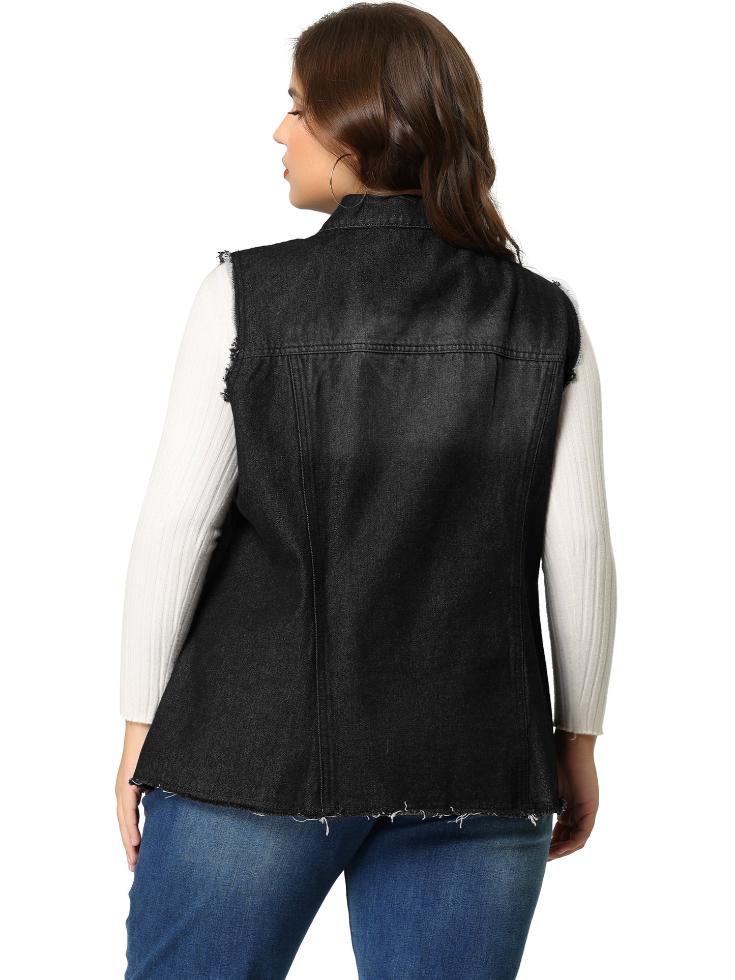 Chaqueta vaquera de talla grande para mujer, con botones, solapa delantera, deshilachada, lavada, sin mangas, chaleco vaquero largo