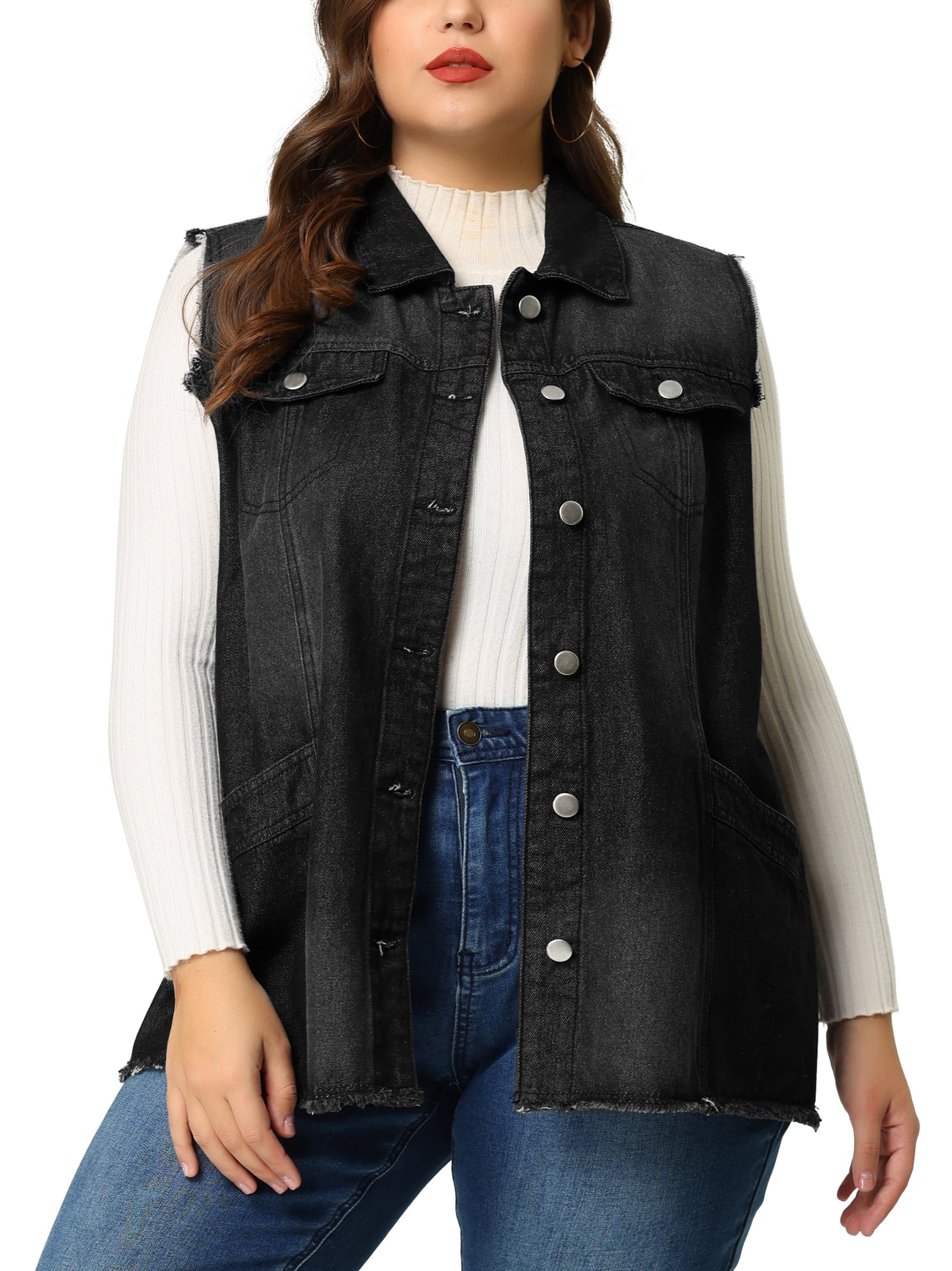 Chaqueta vaquera de talla grande para mujer, con botones, solapa delantera, deshilachada, lavada, sin mangas, chaleco vaquero largo