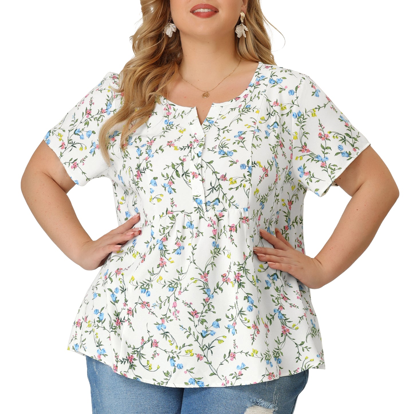 Women's Plus Size Summer Top Floral Half Placket Short Sleeve Blouse