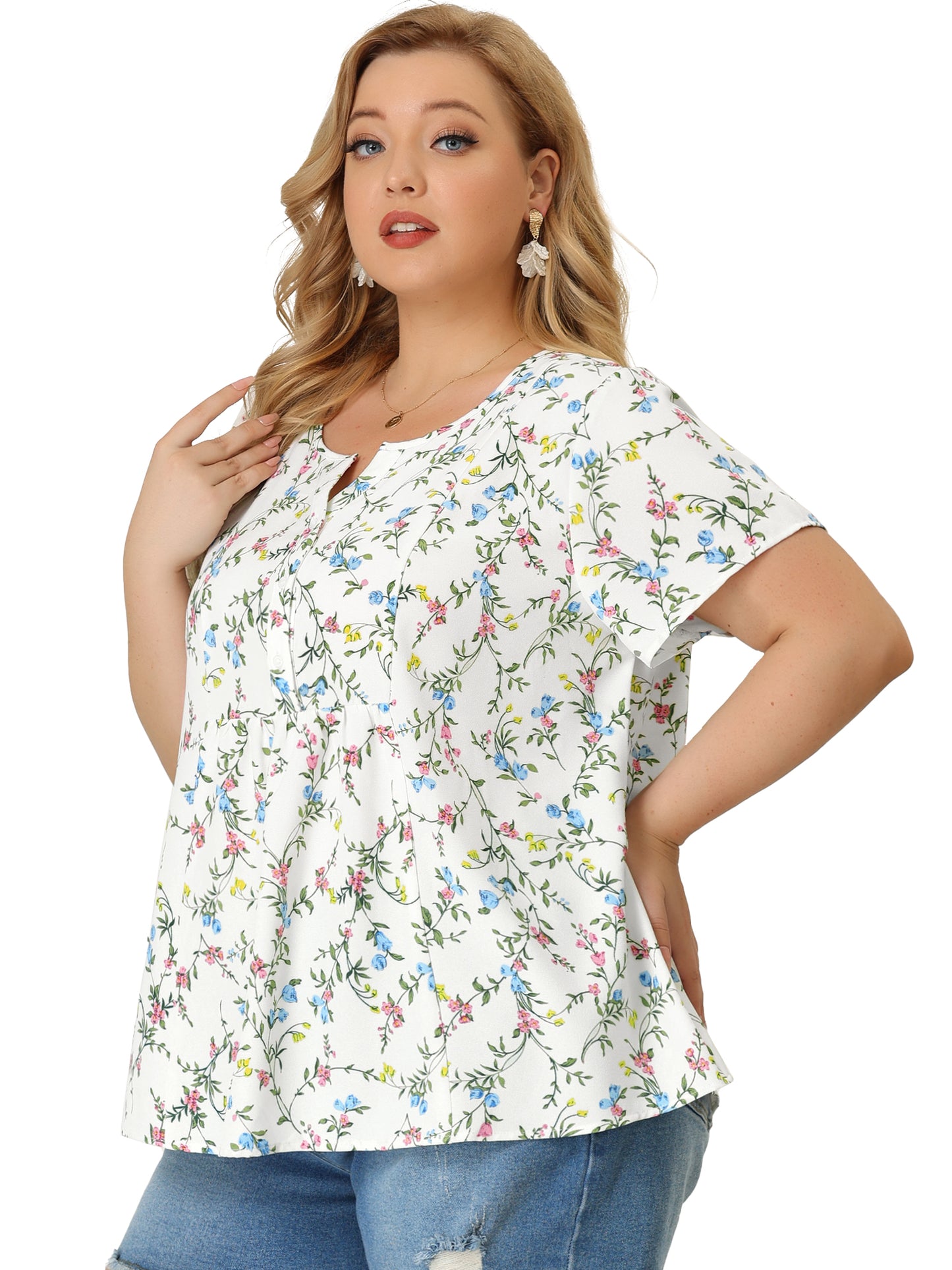 Women's Plus Size Summer Top Floral Half Placket Short Sleeve Blouse