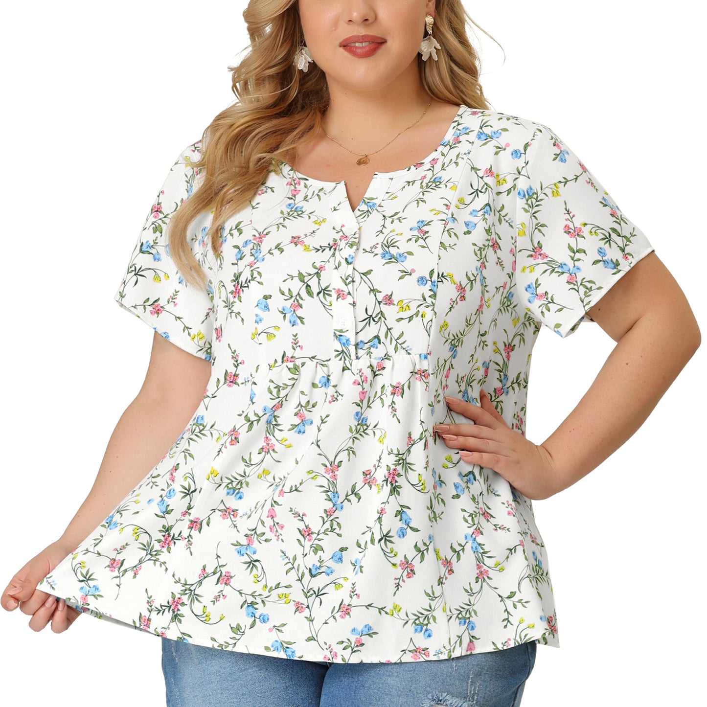 Women's Plus Size Summer Top Floral Half Placket Short Sleeve Blouse