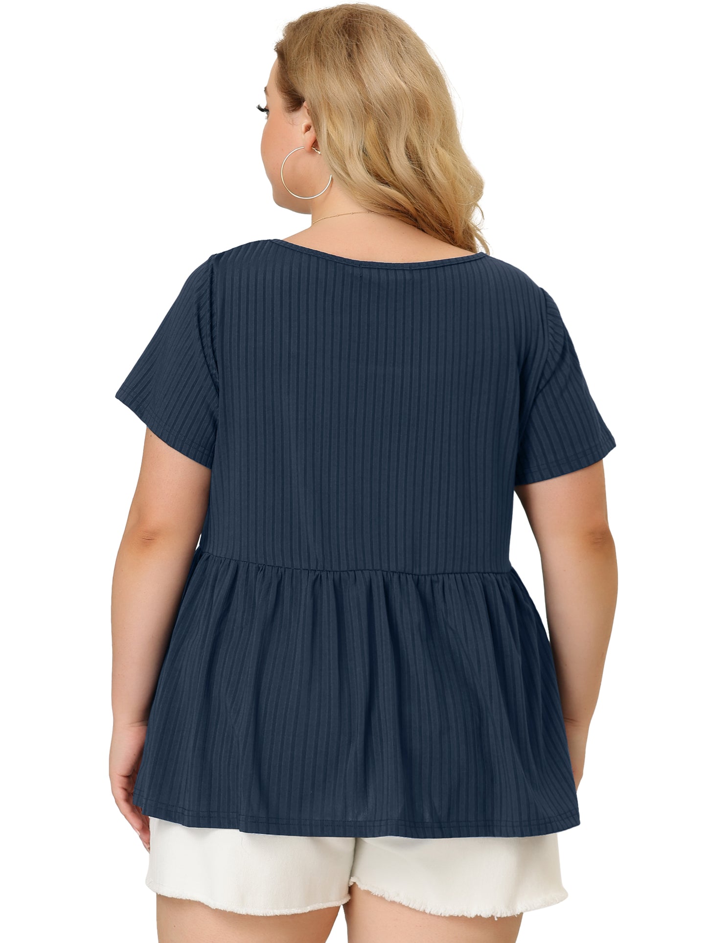 Women's Plus Size Tee Shirts Square Neck Textured Printed Peplum Summer Short Sleeve Top