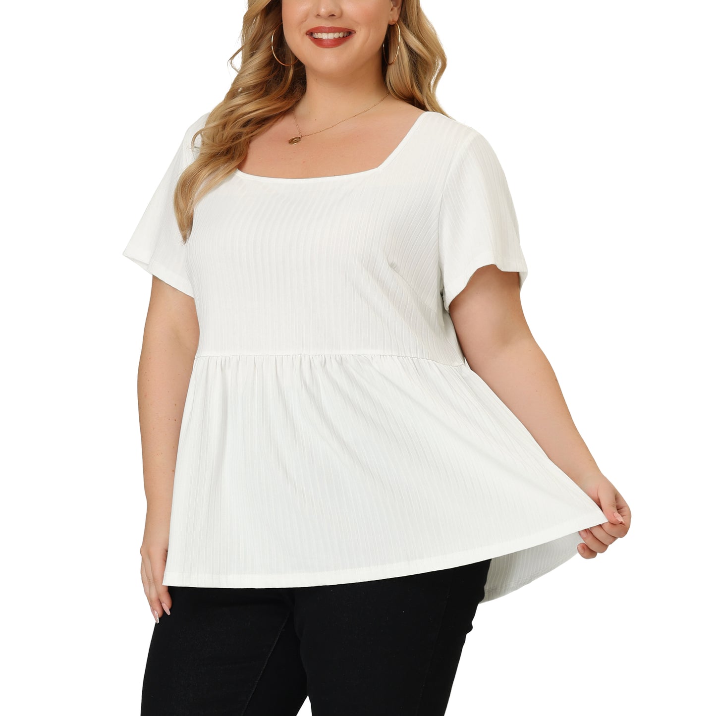 Women's Plus Size Tee Shirts Square Neck Textured Printed Peplum Summer Short Sleeve Top