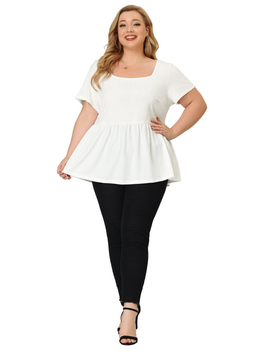 Women's Plus Size Tee Shirts Square Neck Textured Printed Peplum Summer Short Sleeve Top