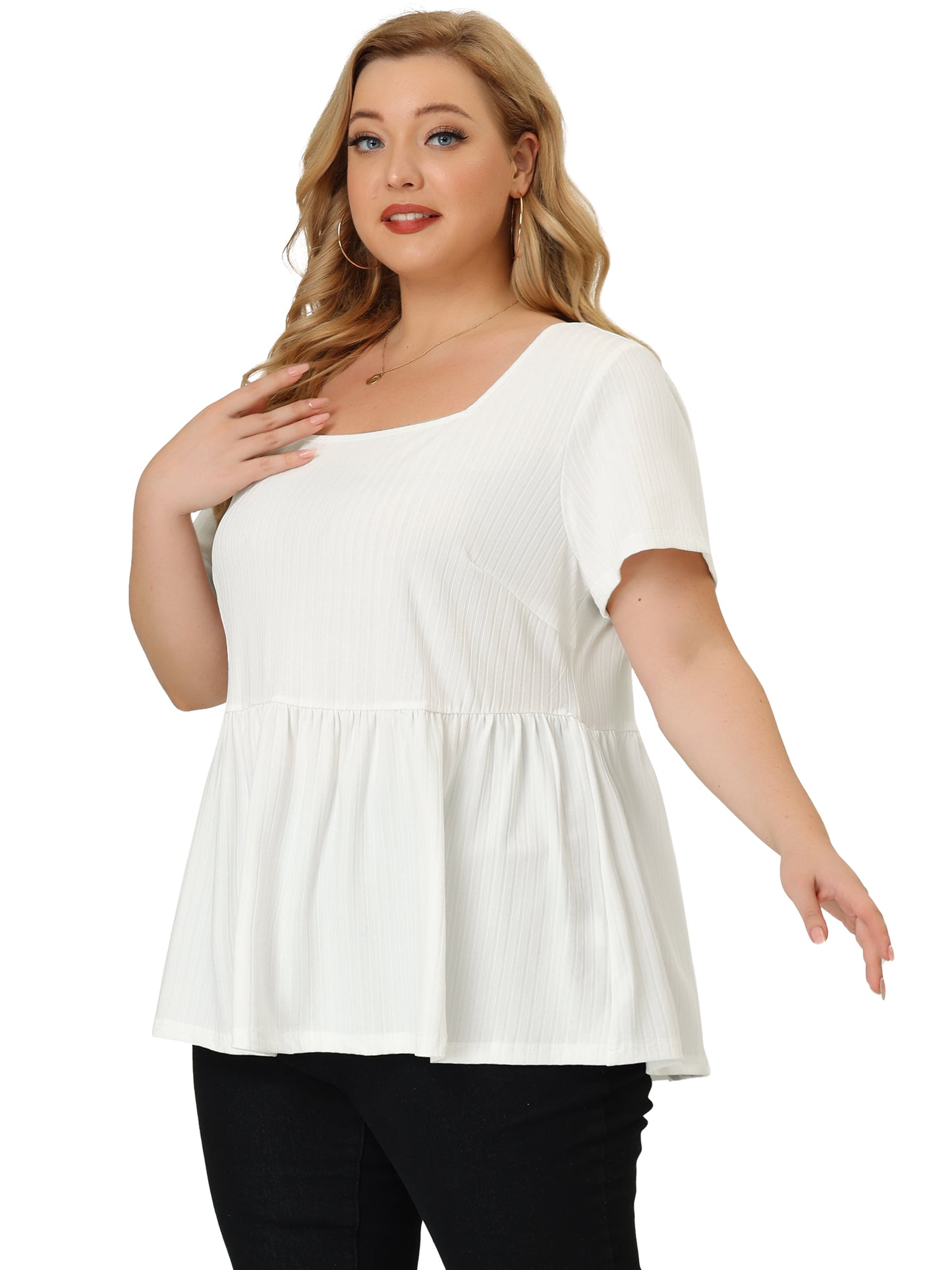 Women's Plus Size Tee Shirts Square Neck Textured Printed Peplum Summer Short Sleeve Top