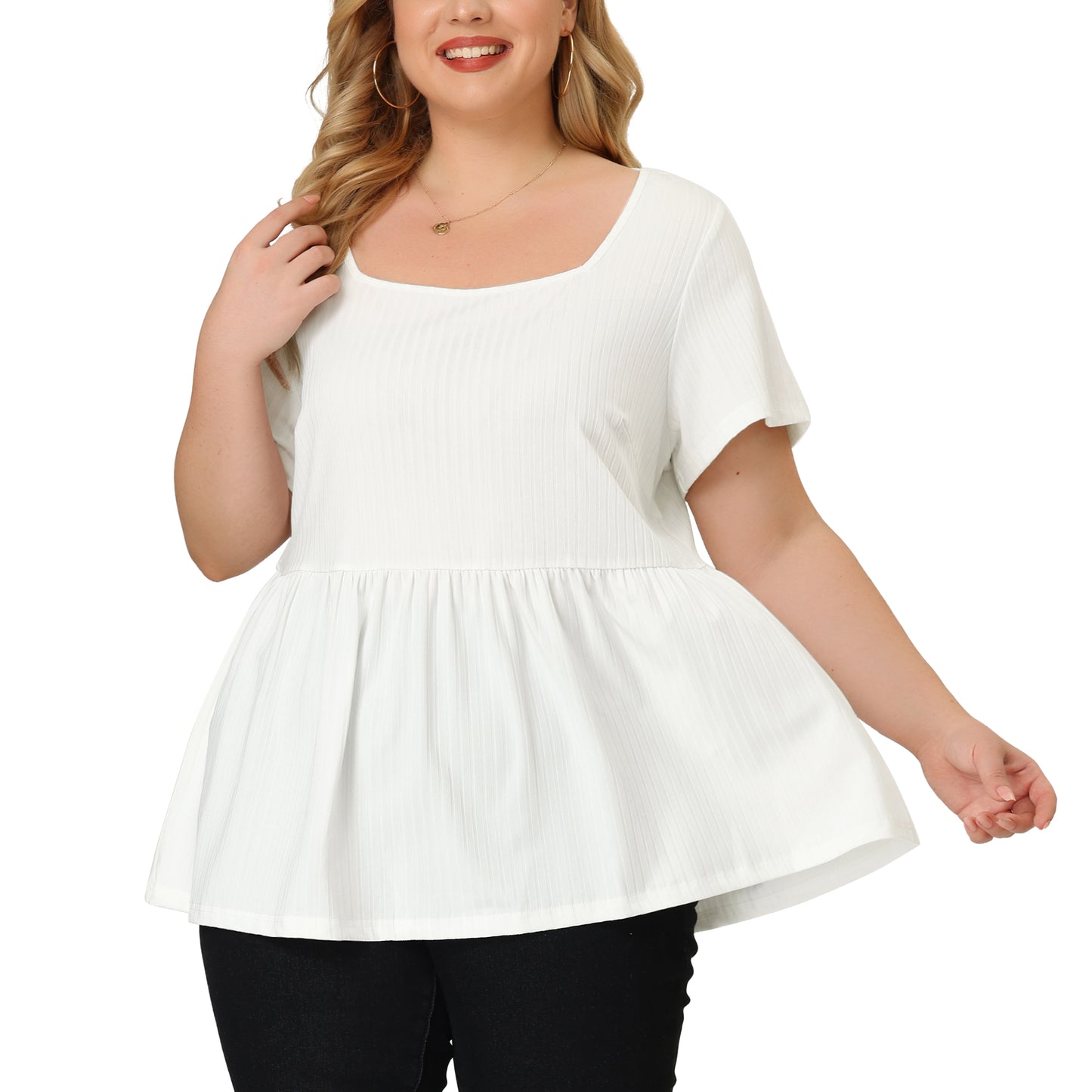 Women's Plus Size Tee Shirts Square Neck Textured Printed Peplum Summer Short Sleeve Top