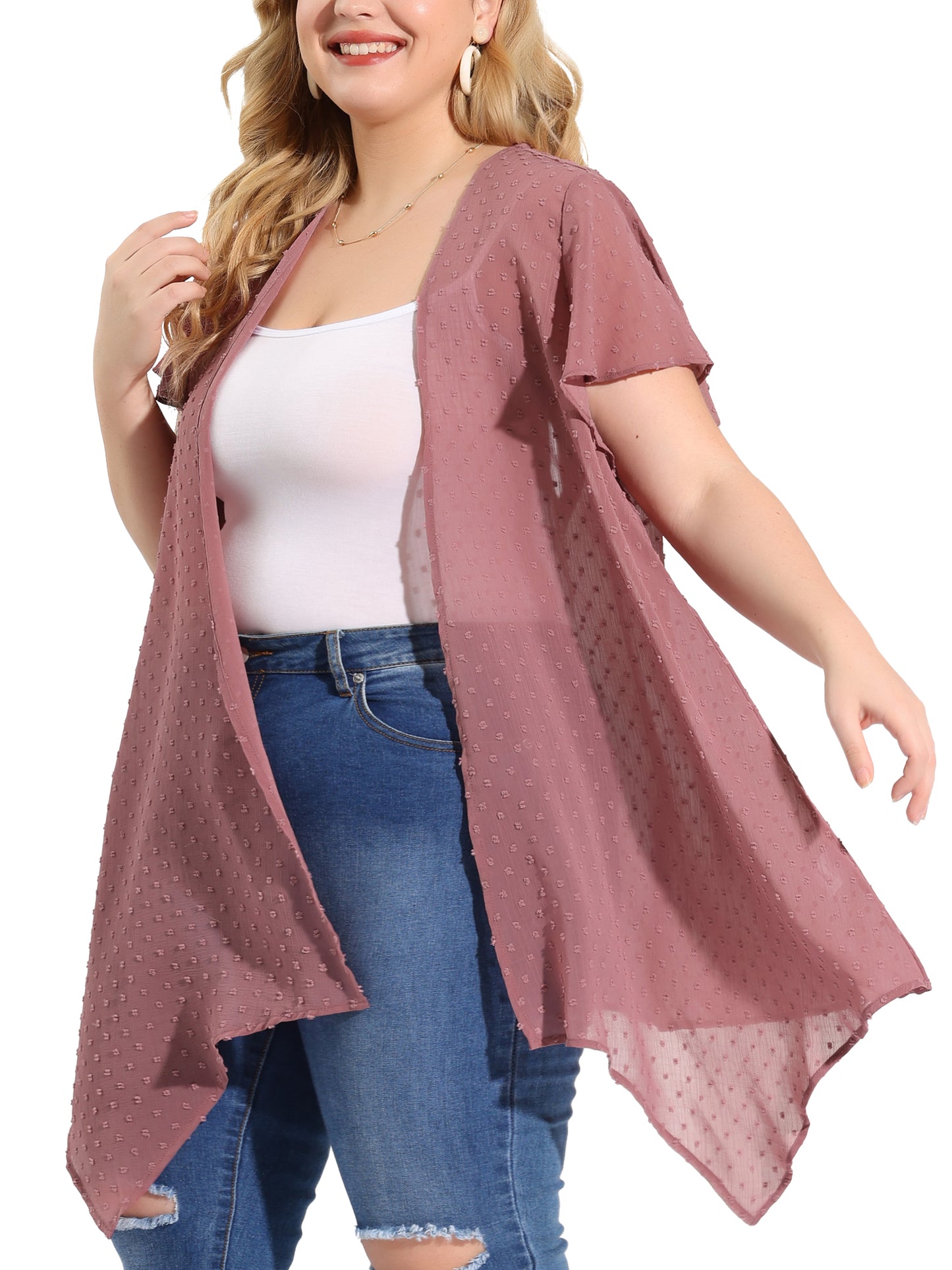 Women Plus Size Cardigan Open Front Flare Short Sleeve Swiss Dots Kimono