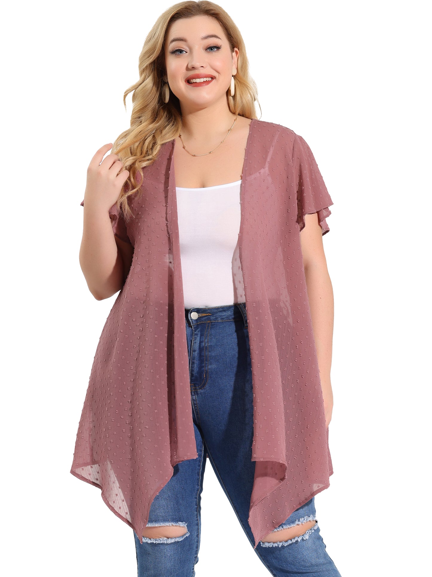 Women Plus Size Cardigan Open Front Flare Short Sleeve Swiss Dots Kimono