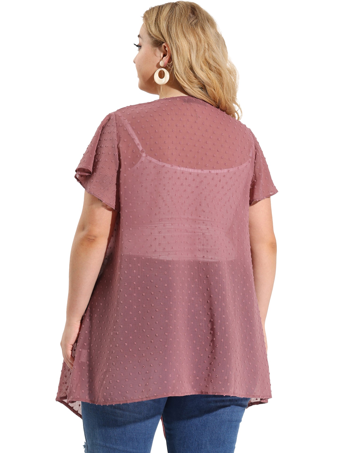 Women Plus Size Cardigan Open Front Flare Short Sleeve Swiss Dots Kimono