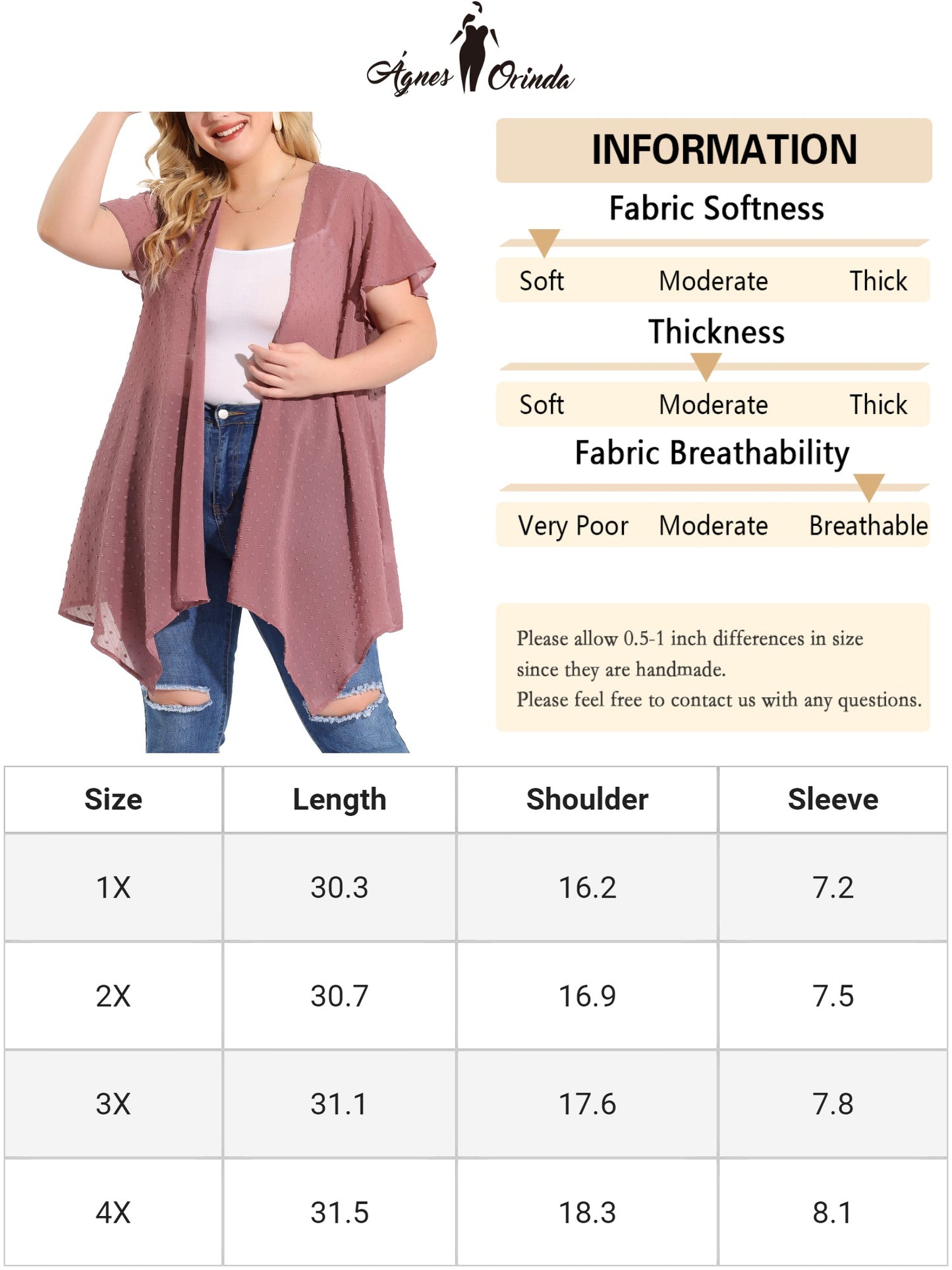 Women Plus Size Cardigan Open Front Flare Short Sleeve Swiss Dots Kimono