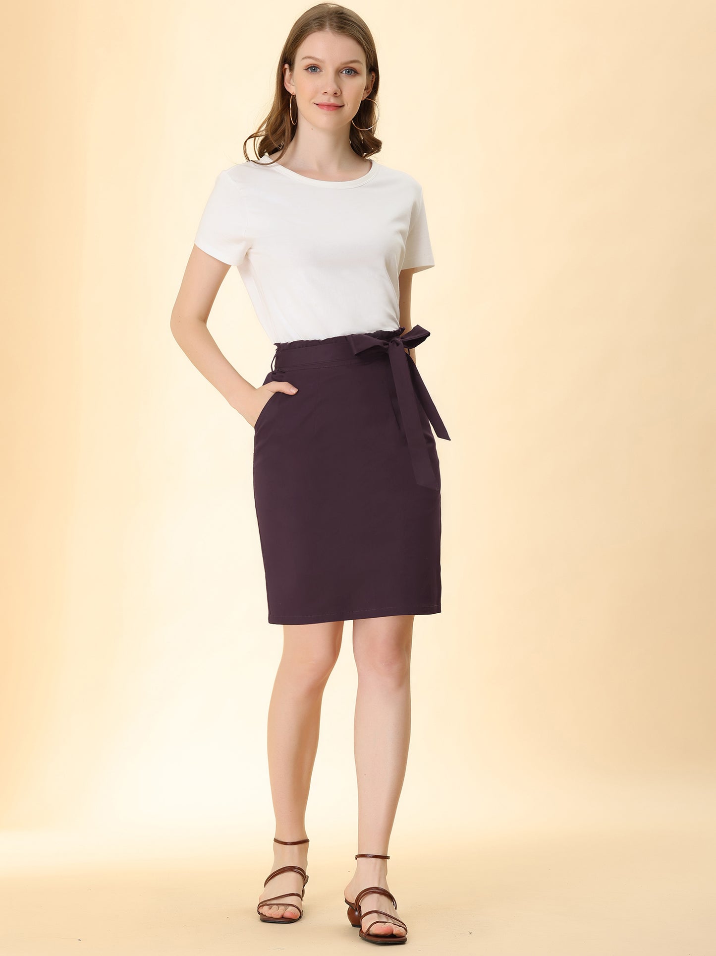 Women's Workwear Paperbag Elastic Waist  Side Pockets Cotton Pencil Skirt