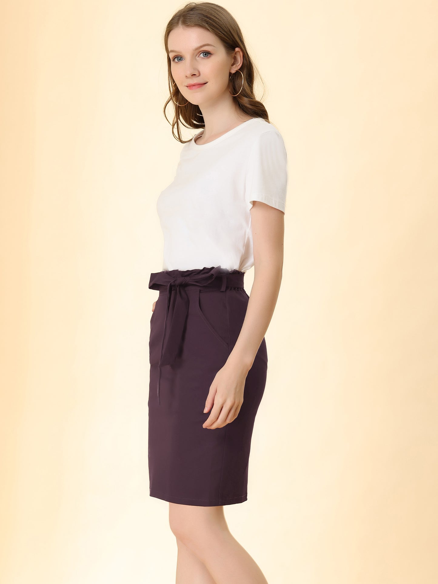 Women's Workwear Paperbag Elastic Waist  Side Pockets Cotton Pencil Skirt